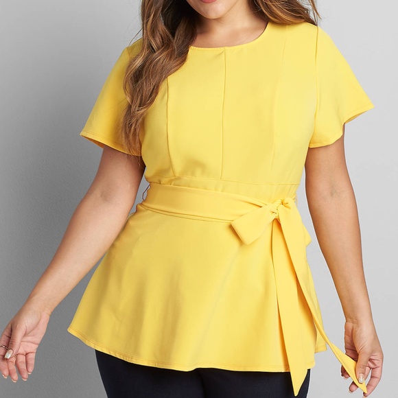 Lane Bryant Lena golden yellow flutter sleeve peplum top Sz 16 self tie waist - Picture 1 of 8